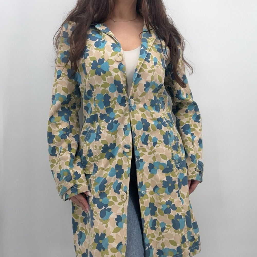Old Navy Colorful Floral Y2k Trench Coat Jacket Cotton Size Medium